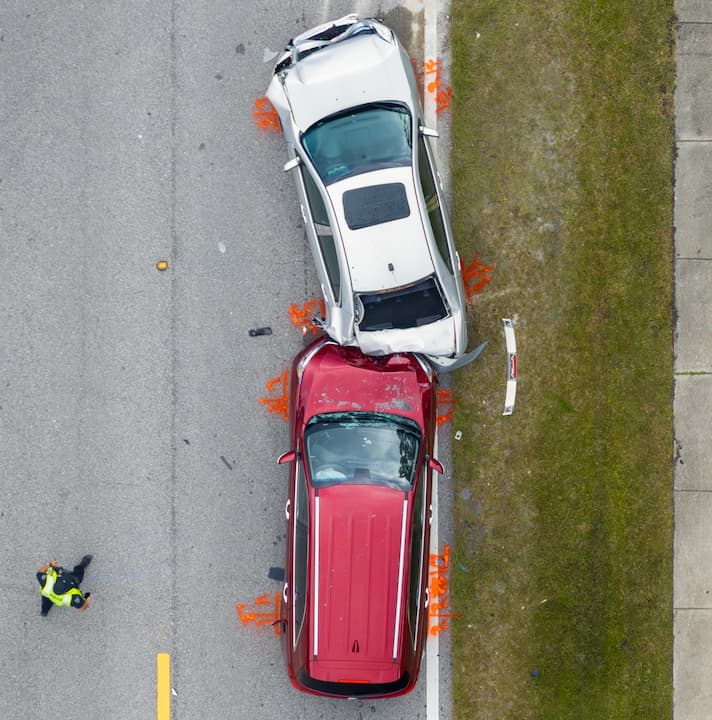 overhead view of a rear-ending accident